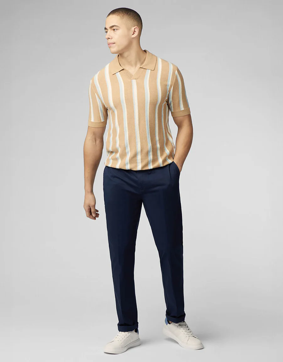 Ben Sherman Vertical Stripe Open Neck Stone Polo - Image 4