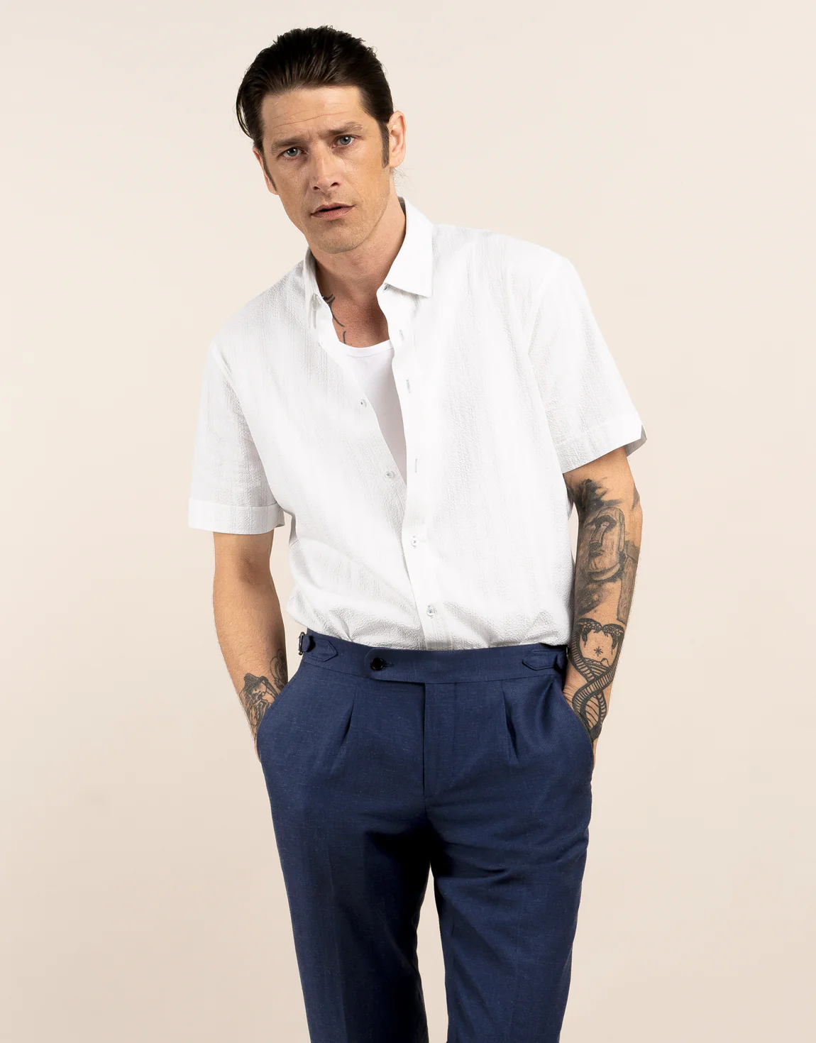 Evans Denim Blue Linen-Wool Blend Twill Trouser - Image 3