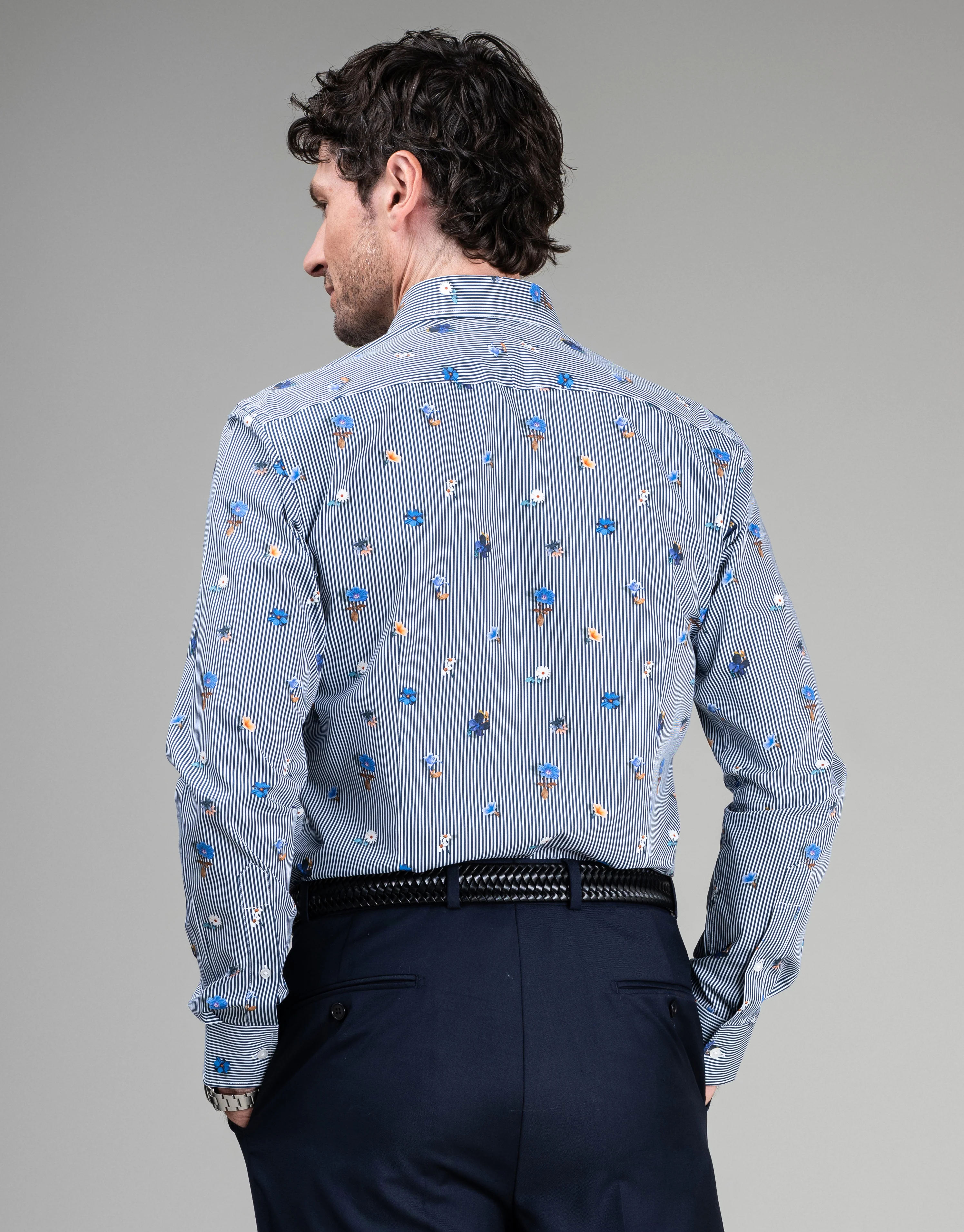 London Navy Floral Stripe Print Shirt - Image 3