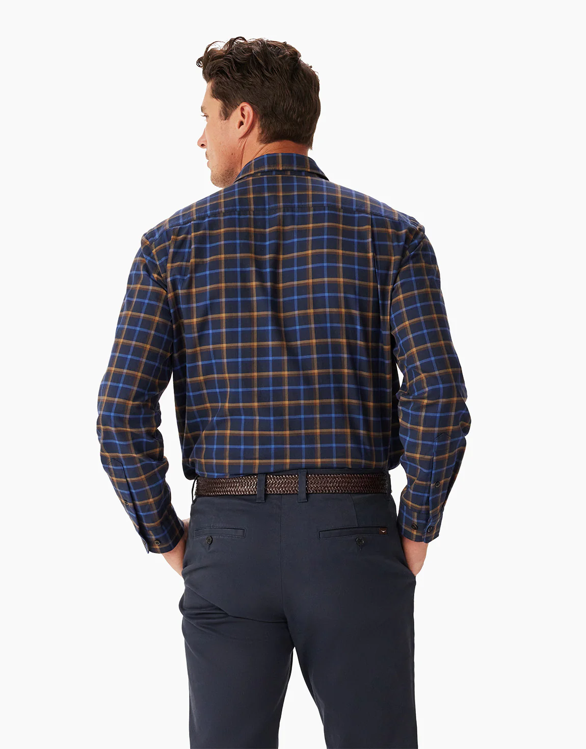 R.M. Williams Regular Navy Brown Twill Check Shirt - Image 3