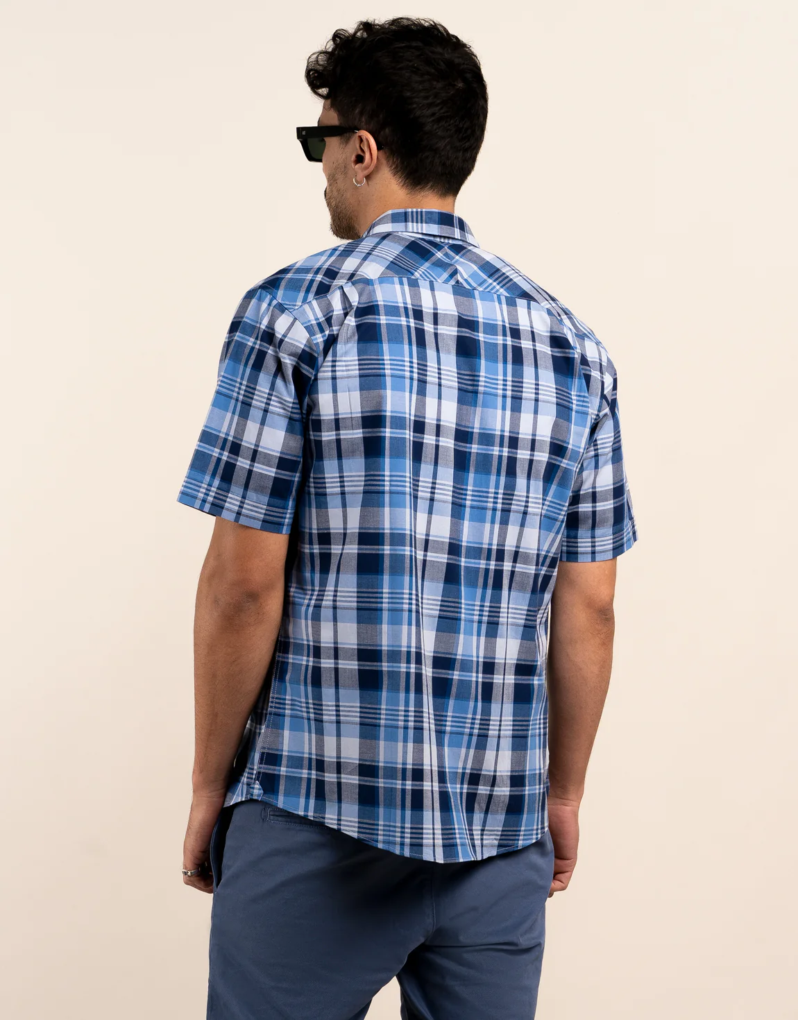Raglan Blue and Navy Check Short Sleeve Shirt - Image 2
