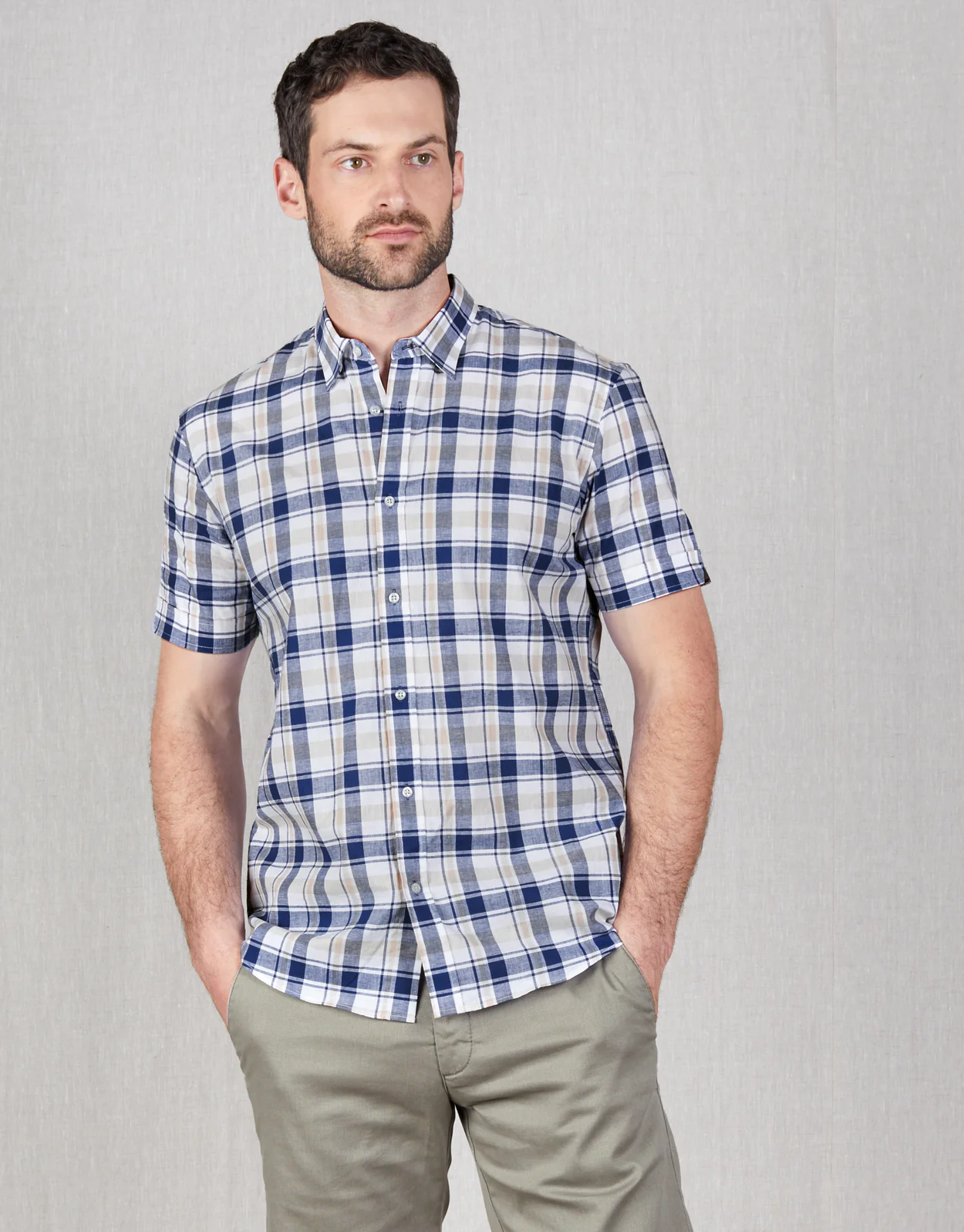 Waihi Blue & Beige Check Short Sleeve Shirt - Image 3
