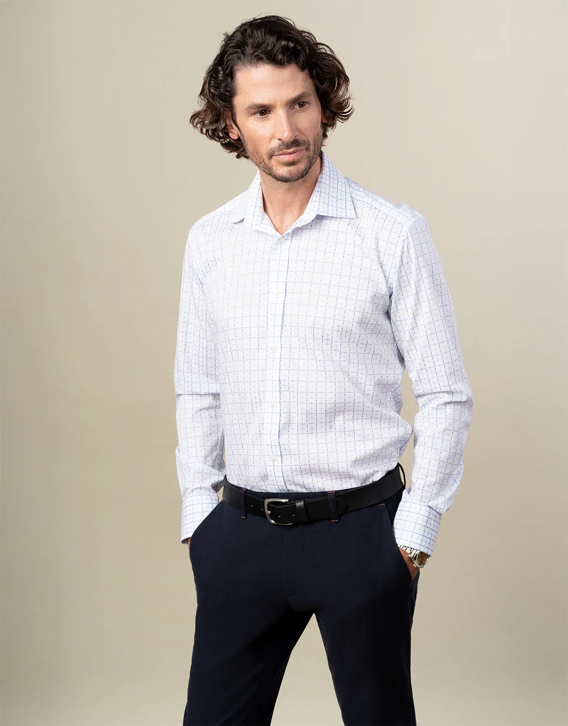 York White & Blue Check Non-Iron Shirt - Image 4